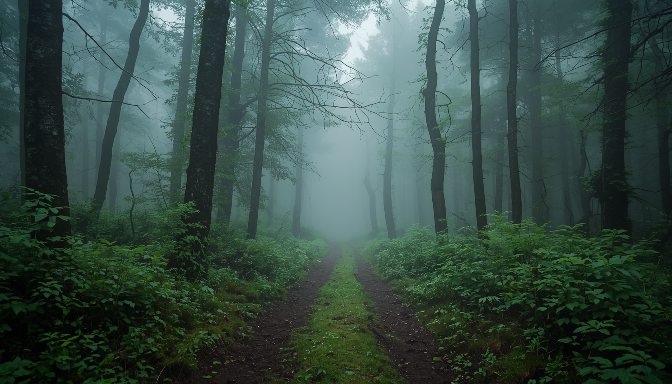 Misty forest path illustrating Breathica soft focus practice.